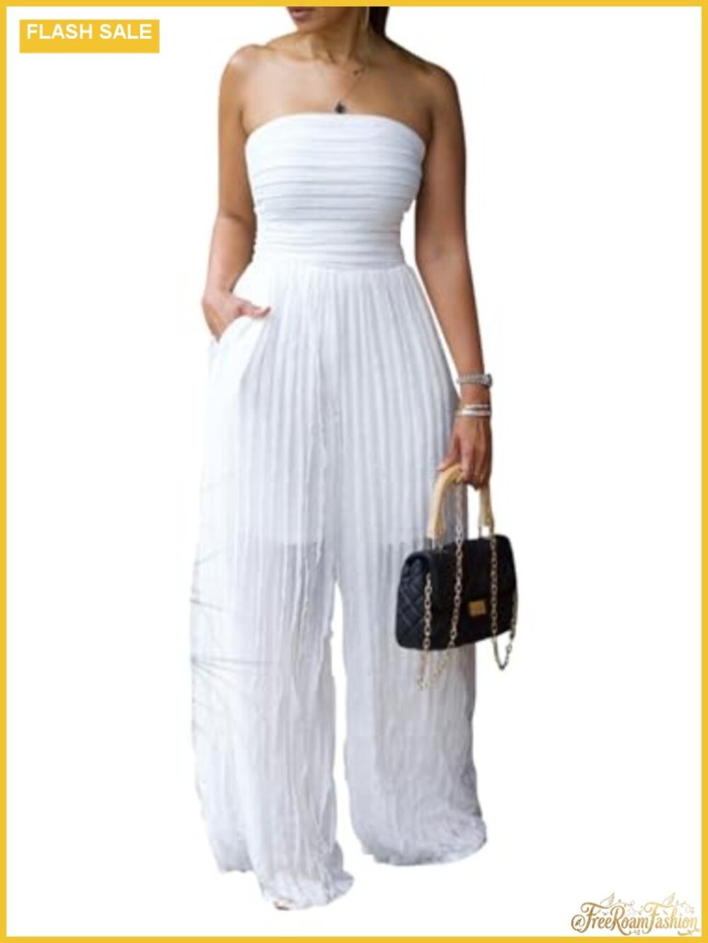 Women's Strapless Tube Jumpsuit Flowy Wide Leg Ruffle One Piece